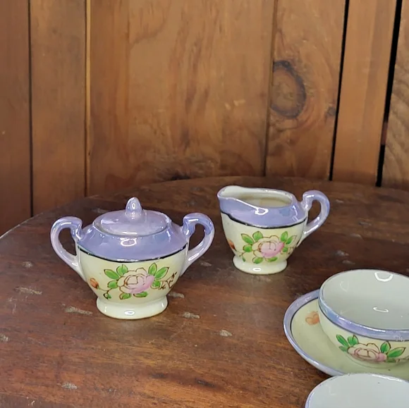 Hand-Painted Floral Luster Ware Tea Set in Lavender and Cream - Picture 12 of 12